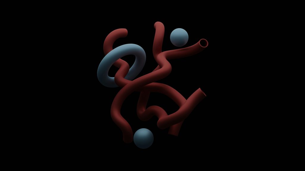 Illustrazione astratta con forme tubolari rosse e sfere grigie su sfondo nero, che ricordano la struttura di una molecola o di una proteina
