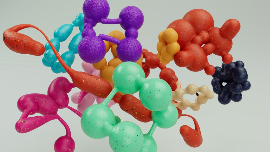 Composizione tridimensionale di forme astratte colorate, con superfici tonde e intrecciate su sfondo chiaro
