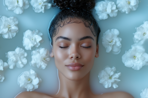 Donna con pelle perfetta e luminosa che fa il bagno tra fiori bianchi, a simboleggiare la purezza e l'idratazione dei cosmetici ai peptidi.